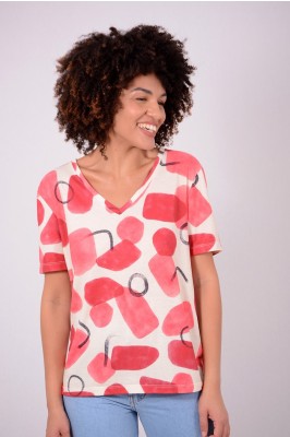 BLUSA DE MALHA DECOTE V ESTAMPA AQUARELA